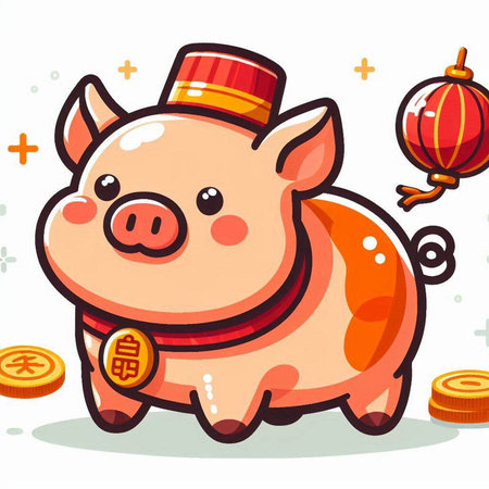 Happy Chinese New Year pig cartoon vector illustration. Cute cartoon pig character with red hat and golden coins.のイラスト素材
