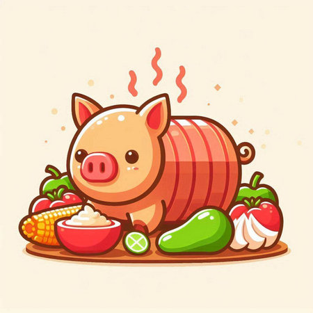 Illustration of a Cute Pig with Vegetables and Fruitsのイラスト素材