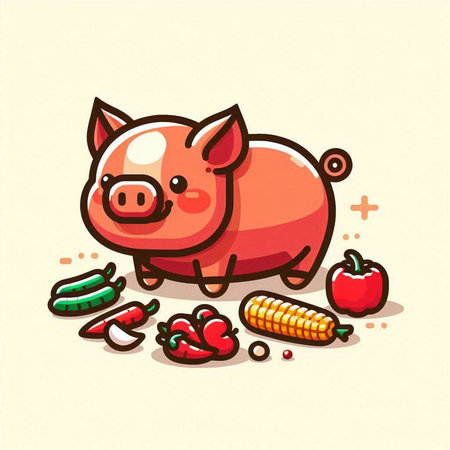 Vector illustration of cute cartoon pig character with vegetables on the background.のイラスト素材