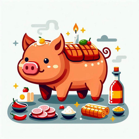 Piggy bank with food. Vector illustration in cartoon style.のイラスト素材