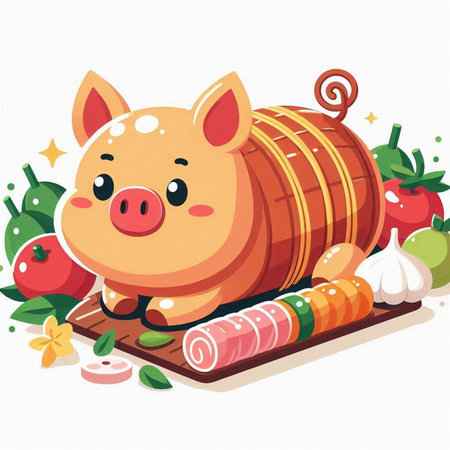 Illustration of a Cute Pig Sitting next to a Wooden Barrelのイラスト素材