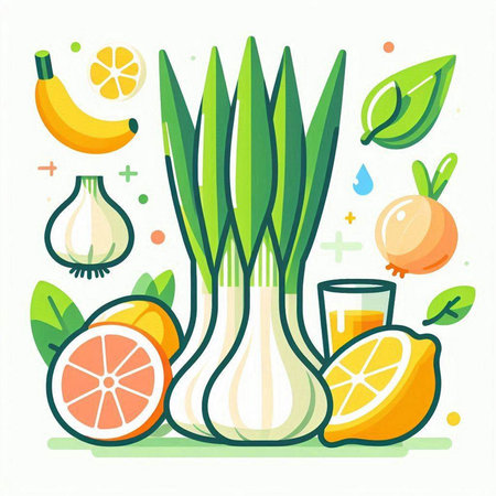Illustration of fresh vegetables and fruits. Vector illustration in flat style.のイラスト素材