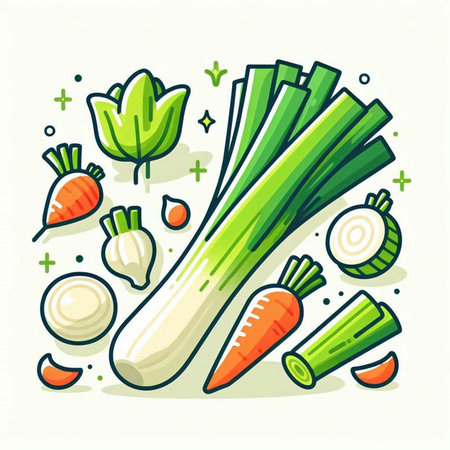 Vegetables vector illustration. Fresh leek, onion, carrot, garlic, parsley, celery.のイラスト素材