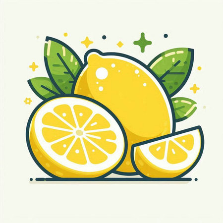 Lemon fruit icon. Vector illustration of lemon with leaves and slices.のイラスト素材