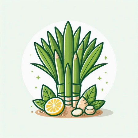 Vector illustration of green bamboo with leaves and slices of lemon on white background.のイラスト素材