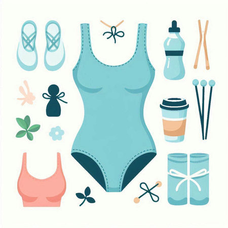 Set of female swimsuit and accessories. Vector illustration in flat style.のイラスト素材