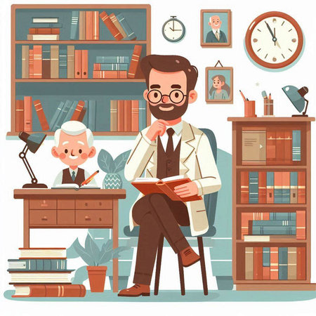 Teacher in the library. Vector illustration in flat cartoon style.のイラスト素材
