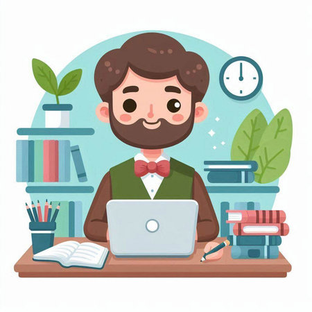 Businessman working on laptop at office. Vector illustration in cartoon styleのイラスト素材