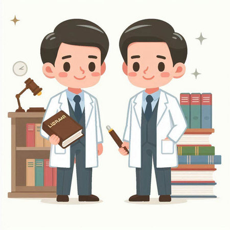 Male doctor and male patient with book and gavel. Vector illustration.のイラスト素材