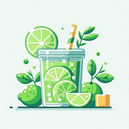 Lemonade in a glass with a straw and lime. Vector illustration.のイラスト素材