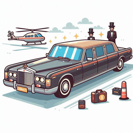 Vector illustration of a limousine with a pilot and a helicopterのイラスト素材