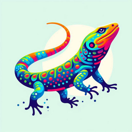 Vector illustration of a colorful lizard on a blue background with sun.のイラスト素材