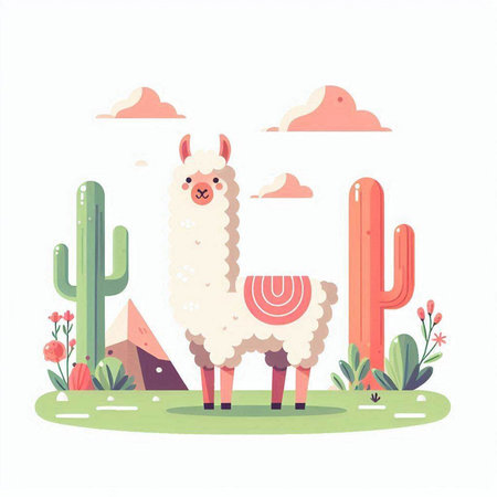 Cute llama and cacti in the desert. Vector illustrationのイラスト素材