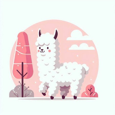 Cute llama in the forest. Vector illustration in flat styleのイラスト素材