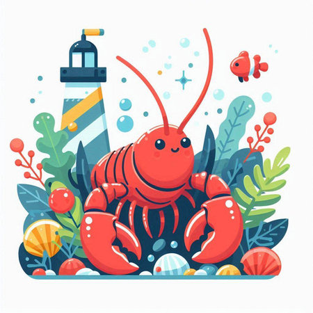 Lobster vector illustration. Cute cartoon lobster with lighthouse.のイラスト素材