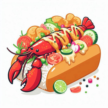Illustration of a hot dog with grilled lobster and vegetables on a white backgroundのイラスト素材