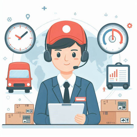 Delivery man in uniform and headset with a laptop. Vector illustration.のイラスト素材