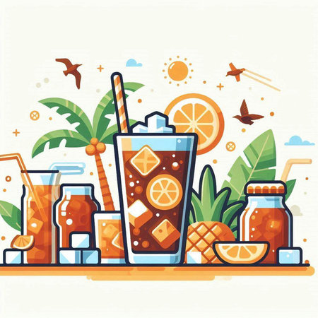 Summer drink flat vector illustration. Lemonade, orange juice, ice cubes, straws, palm leaves and birds on background.のイラスト素材