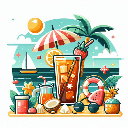 Summer beach cocktail. Vector illustration in flat style on white background.のイラスト素材