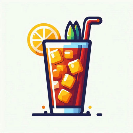 Cocktail with ice, lemon and straw. Vector illustration.のイラスト素材