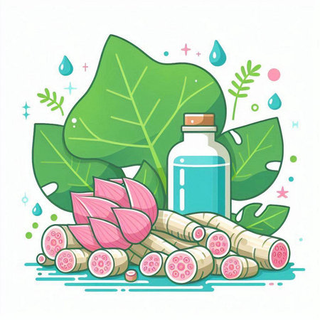 Coconut oil in a bottle and fresh coconut leaves. Vector illustration.のイラスト素材