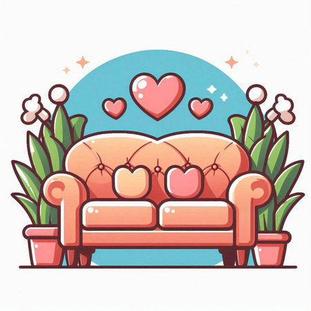 Sofa with hearts and flowers. Hand drawn vector illustration.のイラスト素材
