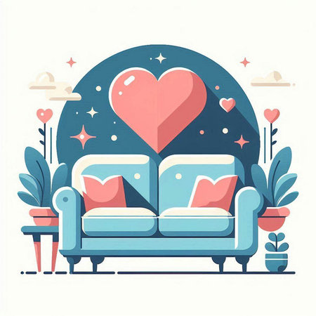 Couch with pillows and hearts. Vector illustration in flat styleのイラスト素材