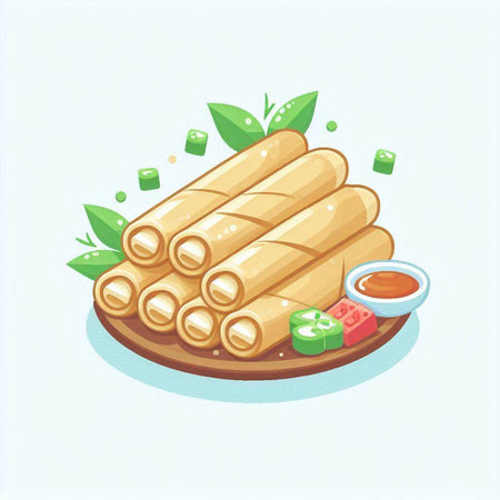 Illustration of a roll of spring rolls on a plate with sauceのイラスト素材