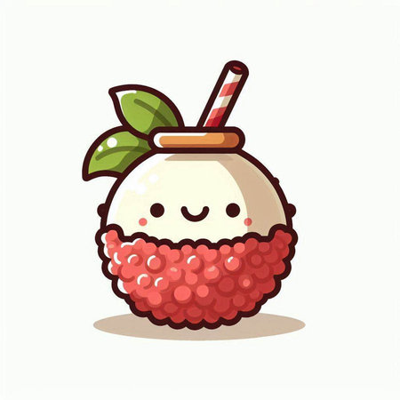Cute cartoon lychee fruit character with drinking straw. Vector illustration.のイラスト素材