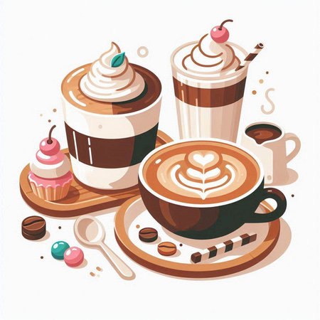 Coffee cup with whipped cream, coffee beans and cherry. Vector illustrationのイラスト素材