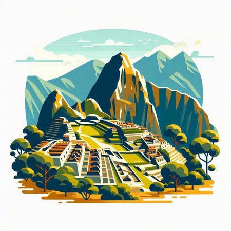 Mountain landscape. Vector illustration of a mountain village with houses.のイラスト素材