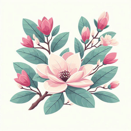 Magnolia flowers on white background. Vector illustration in retro style.のイラスト素材