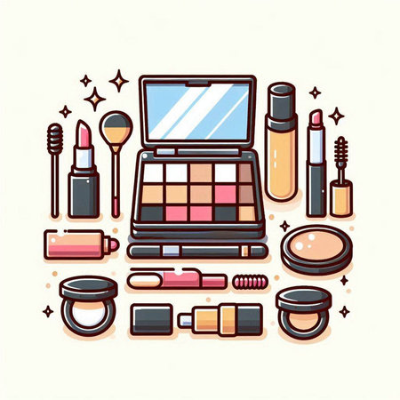 Vector illustration of make up products and accessories in line art style.のイラスト素材