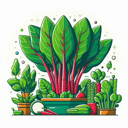 Vegetables and herbs in pots. Vector illustration in flat styleのイラスト素材
