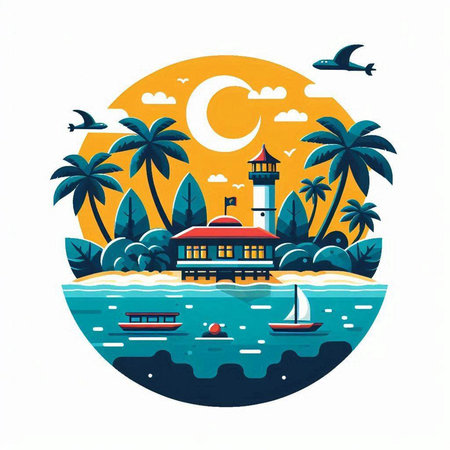 Tropical island with lighthouse, ship and palm trees. Vector illustration.のイラスト素材