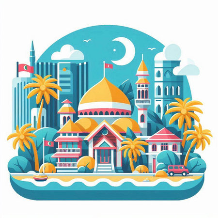 Flat design illustration of mosque on the island with palm trees and road. Vector illustrationのイラスト素材