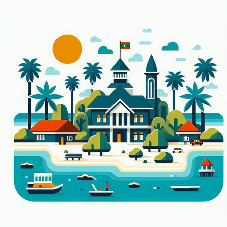 Vector illustration of a tropical island in flat style. Landscape with palm trees, sea, beach, house, boat and sun.のイラスト素材