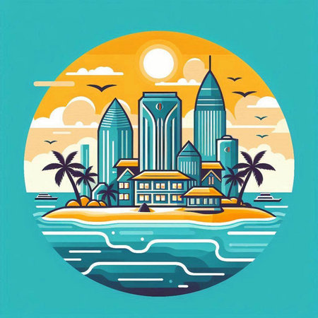 Vector illustration of a tropical island with palm trees and skyscrapersのイラスト素材