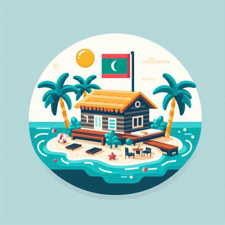 Tropical island with palm trees. Vector illustration in flat styleのイラスト素材