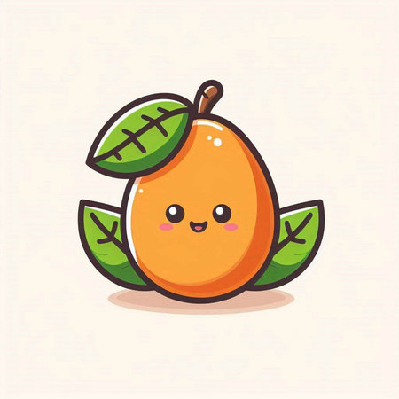 Cute kawaii kawaii mango fruit character with green leaves isolated on white background. Vector flat cartoon kawaii character illustration icon design.のイラスト素材