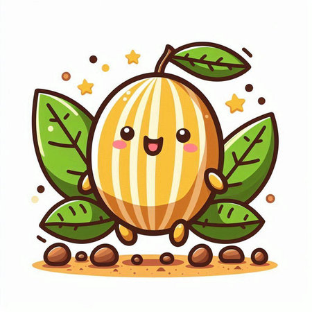 Cute cartoon watermelon character with green leaves on white background.のイラスト素材