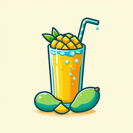 Mango smoothie with fresh mango fruit and straw vector illustration.のイラスト素材