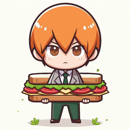 Illustration of a Kid Boy Holding a Sandwich and Looking at the Cameraのイラスト素材