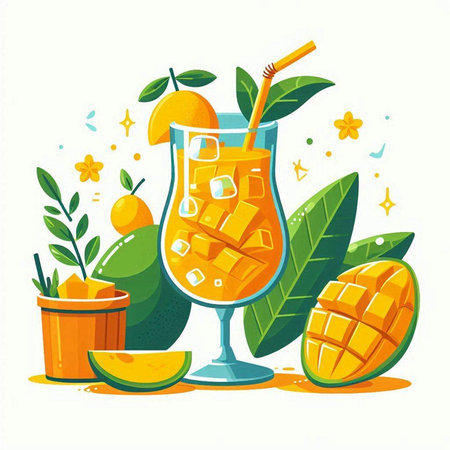 Mango cocktail. Vector illustration in flat style on white background.のイラスト素材