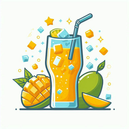 Mango juice in a glass with a straw. Vector illustration.のイラスト素材