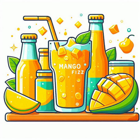 Mango juice in a bottle with a straw and a glass of mango juice. Vector illustration.のイラスト素材