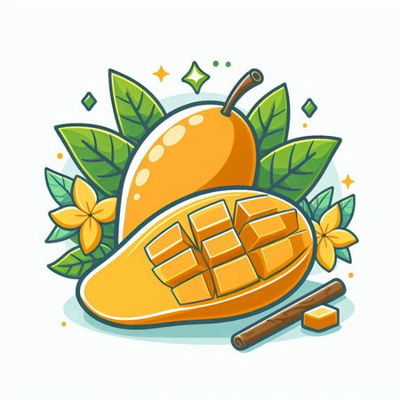 Mango fruit with leaves and cinnamon. Vector illustration isolated on white background.のイラスト素材