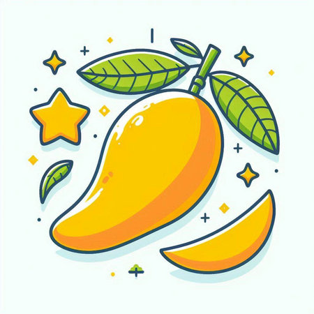 Mango fruit and star on white background. Vector line art illustration.のイラスト素材