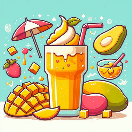 Mango smoothie in a glass with ice cream. Vector illustration.のイラスト素材