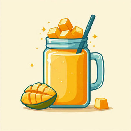 Mango smoothie in a jar with a straw. Vector illustration.のイラスト素材